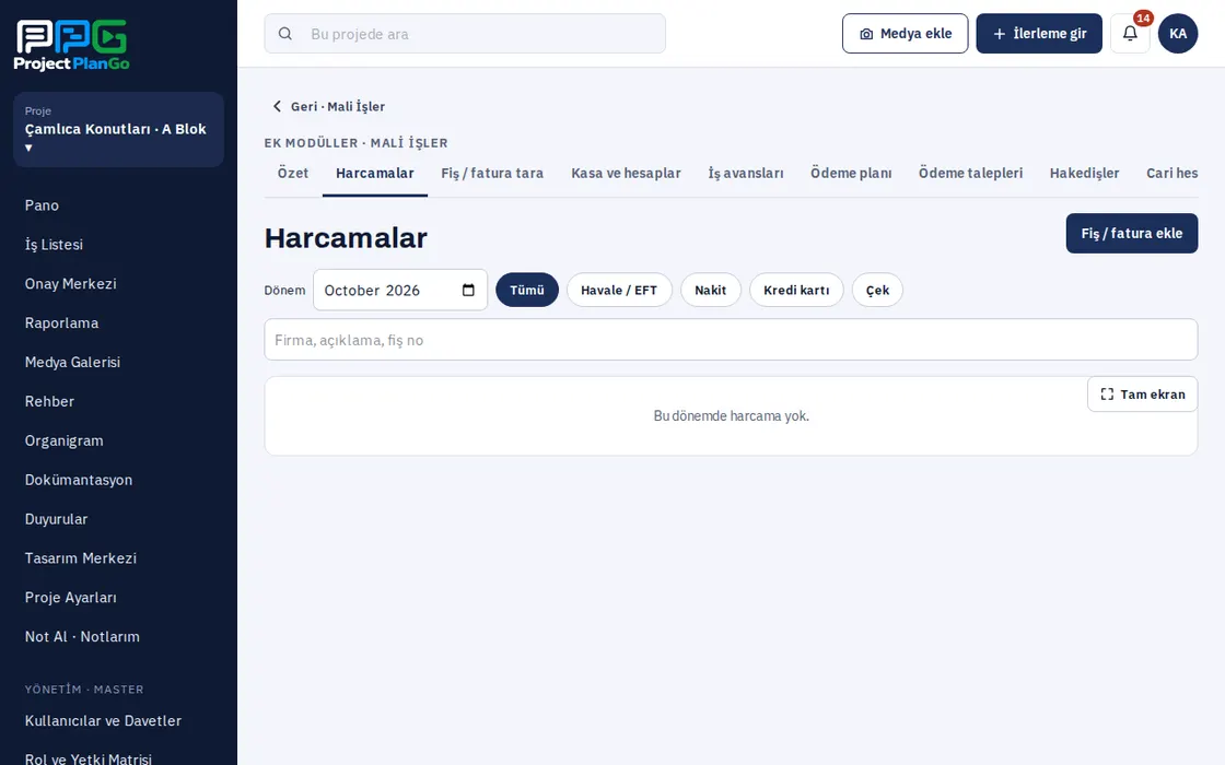 Harcama ve hakediş ekranı